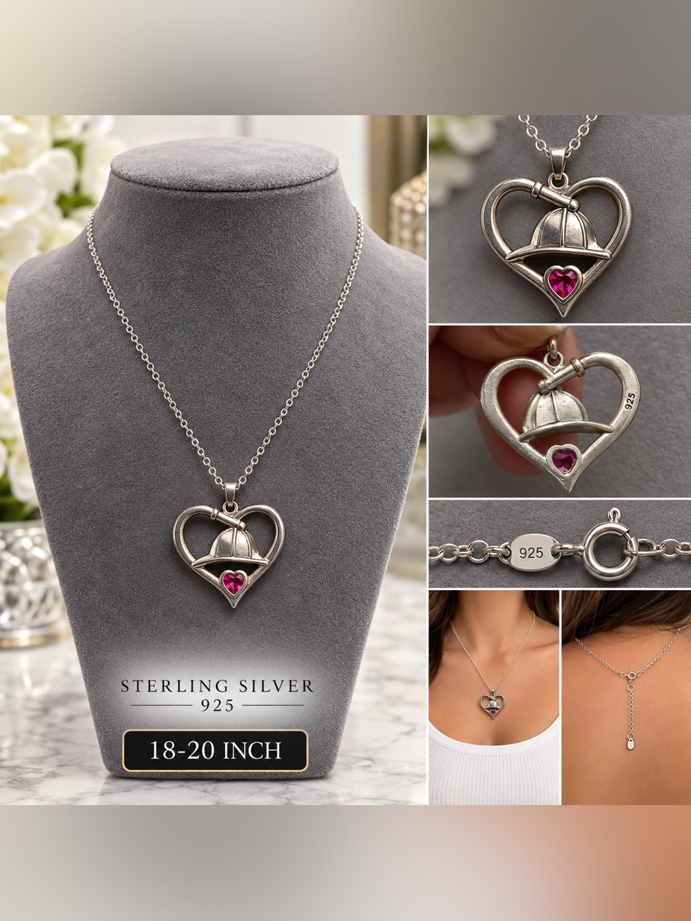 Sterling Silver Heart Pendant Necklace with Pink Gem - 925